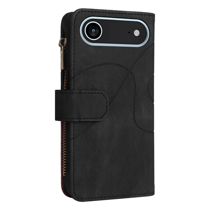 For iPhone Air Leather Case with Strap Zipper 9 Card Slot Phone Cover Stand - Black - 6