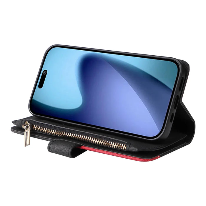 For iPhone Air Leather Case with Strap Zipper 9 Card Slot Phone Cover Stand - Black - 7