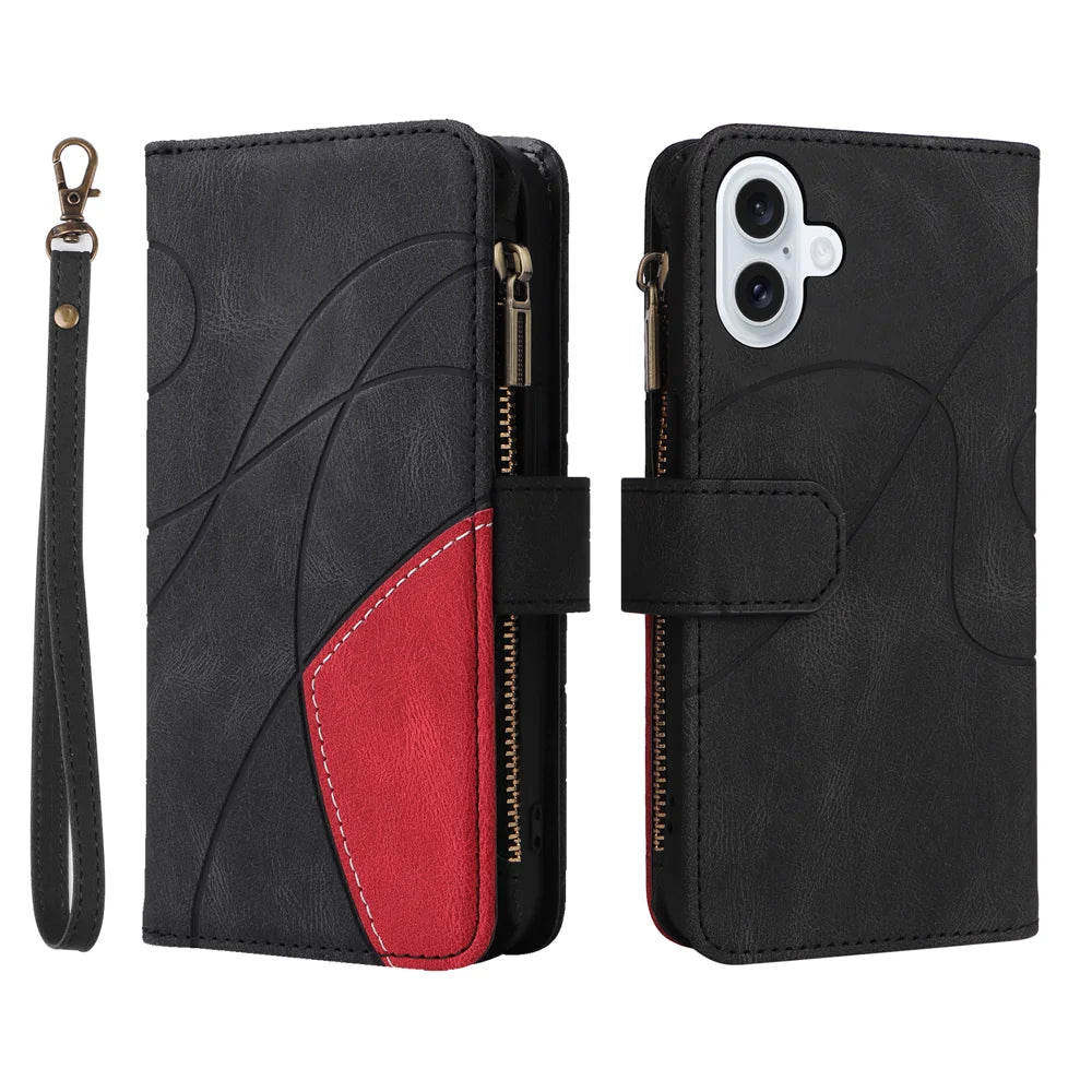 For iPhone 17 Leather Case with Strap Zipper 9 Card Slot Phone Cover Stand - Black - 1