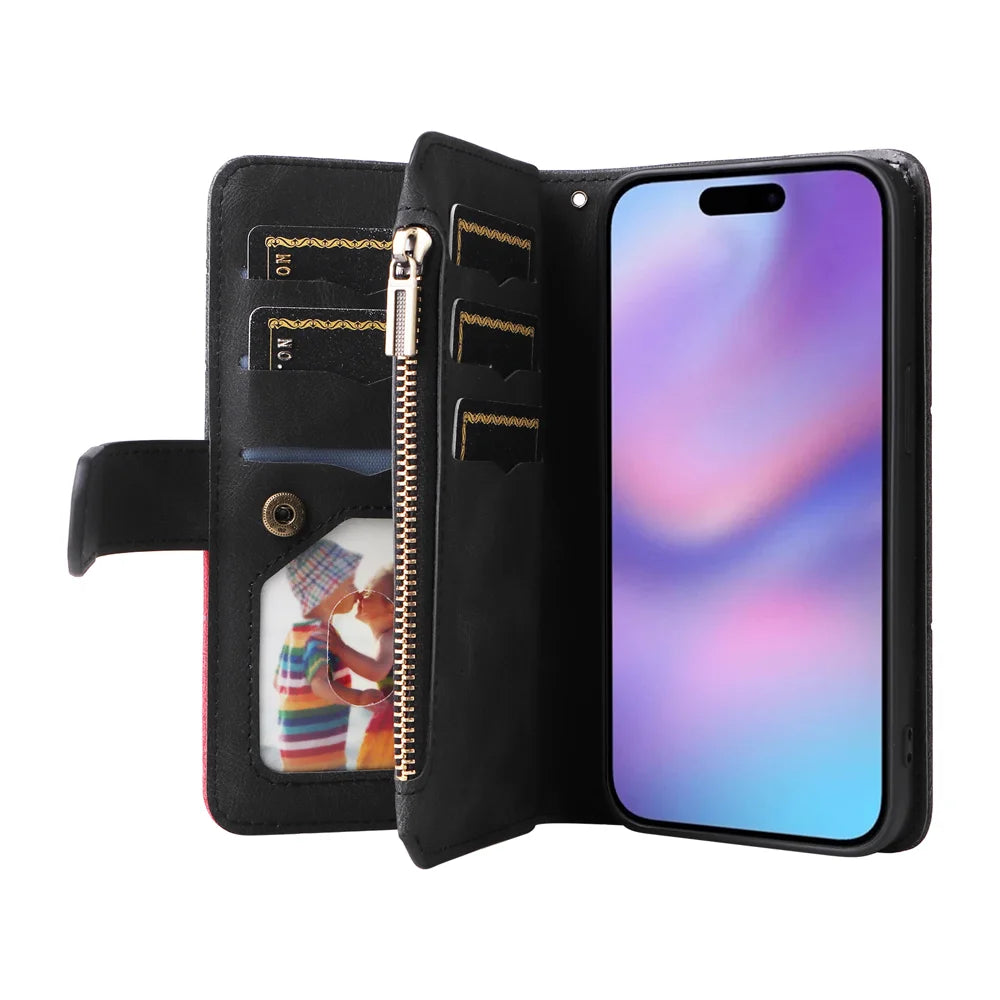 For iPhone 17 Leather Case with Strap Zipper 9 Card Slot Phone Cover Stand - Black - 2