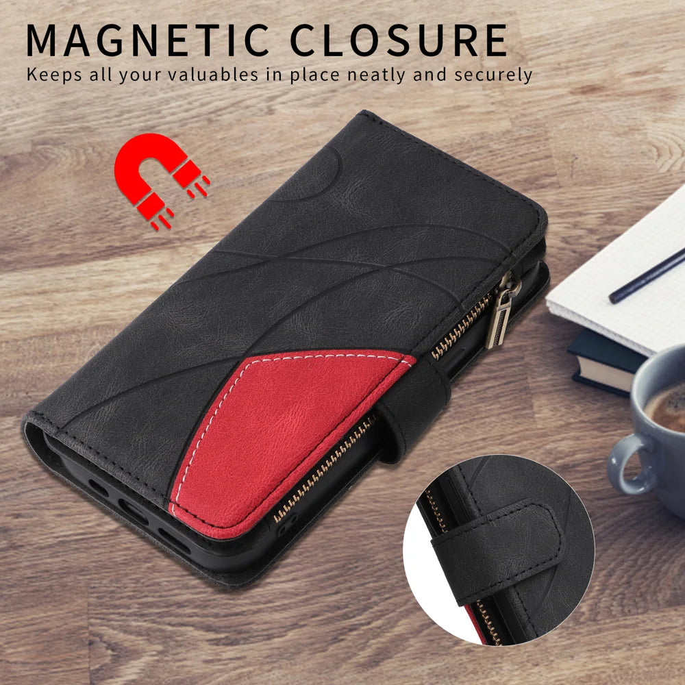 For iPhone 17 Leather Case with Strap Zipper 9 Card Slot Phone Cover Stand - Black - 4
