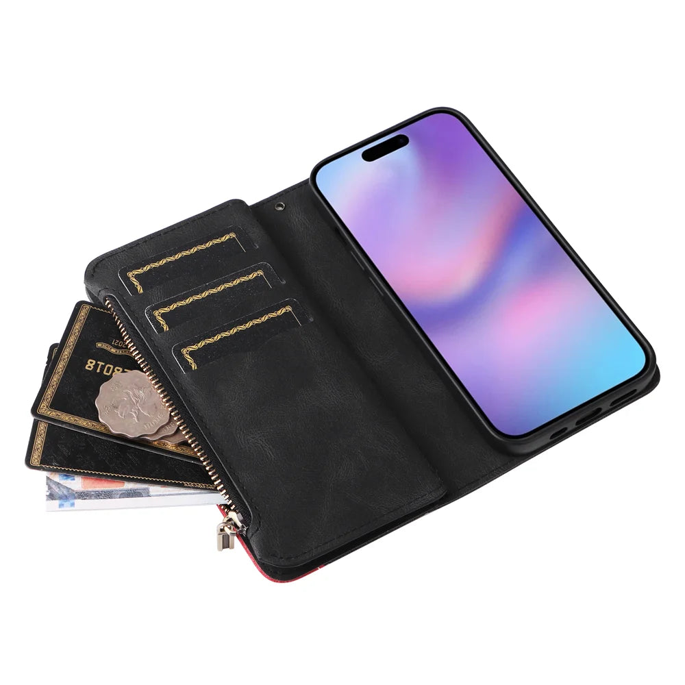 For iPhone 17 Leather Case with Strap Zipper 9 Card Slot Phone Cover Stand - Black - 6