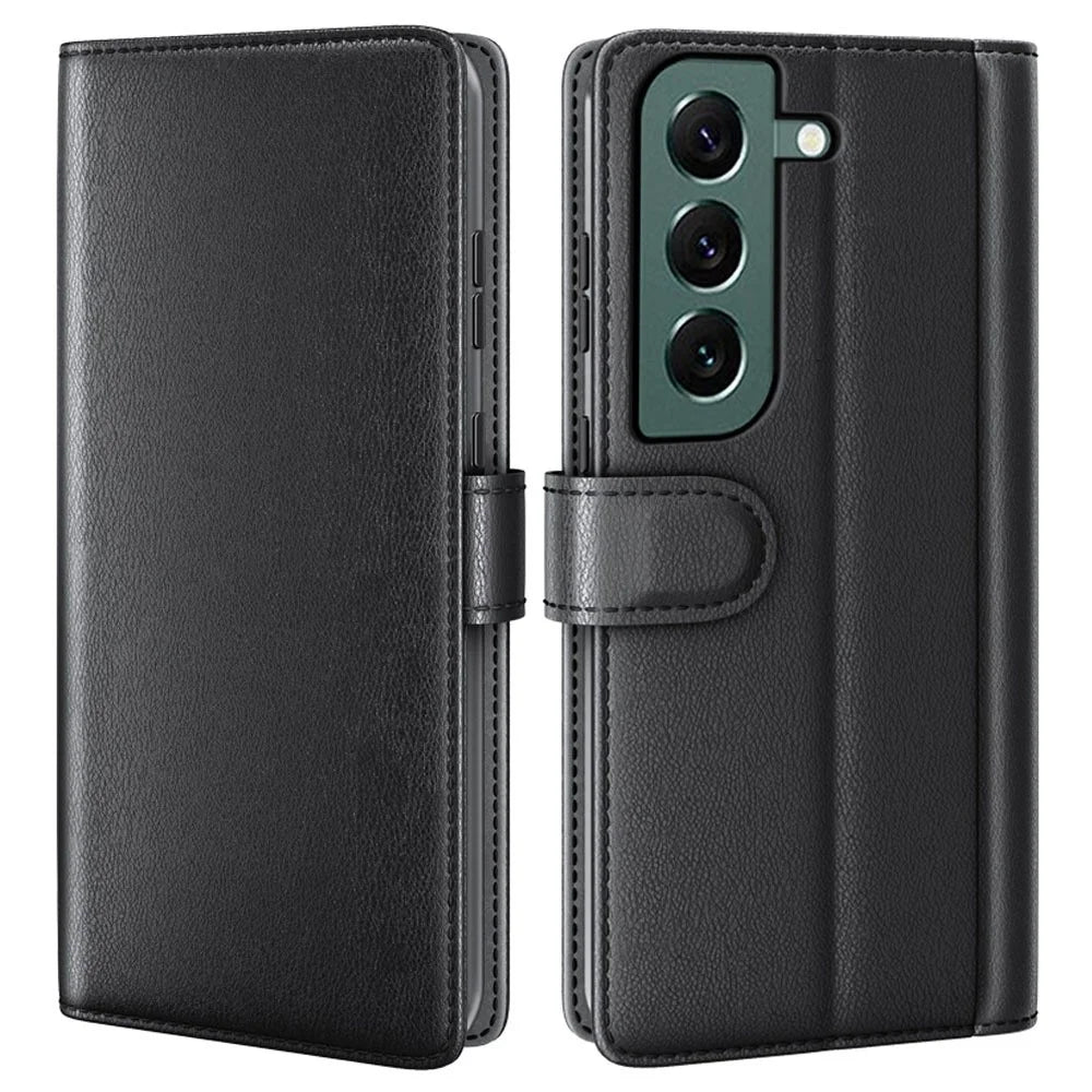 For Samsung Galaxy S23 Case Genuine Split Leather Phone Cover with Wallet Stand - Black - 1