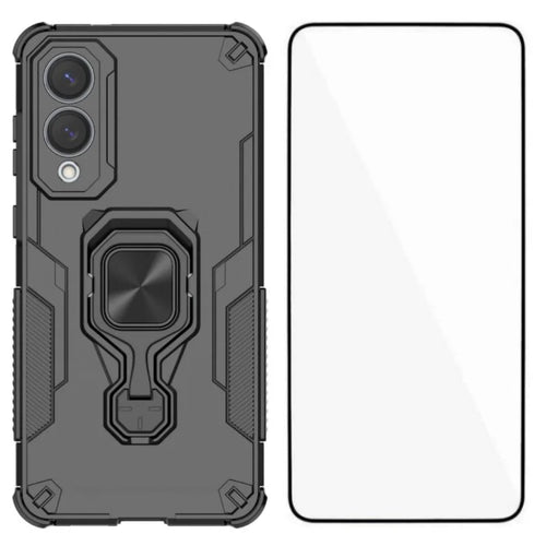 WANLONFENG For Samsung Galaxy S25 Edge Phone Case  PC TPU Back Cover Kickstand with Tempered Glass - Black - 1