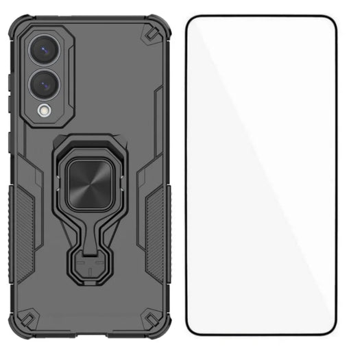 WANLONFENG For Samsung Galaxy S25 Edge Phone Case  PC TPU Back Cover Kickstand with Tempered Glass - Black - 1