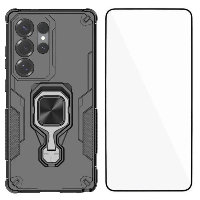 WANLONFENG For Samsung Galaxy S24 Ultra Phone Case  PC TPU Back Cover Kickstand with Tempered Glass - Black - 1