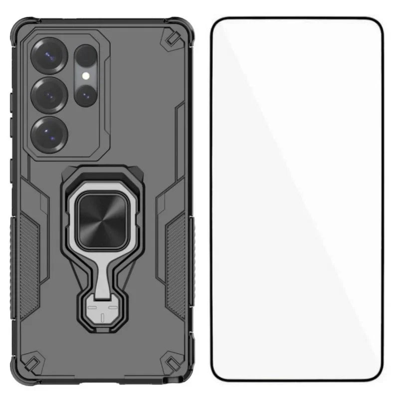 WANLONFENG For Samsung Galaxy S24 Ultra Phone Case  PC TPU Back Cover Kickstand with Tempered Glass - Black - 1