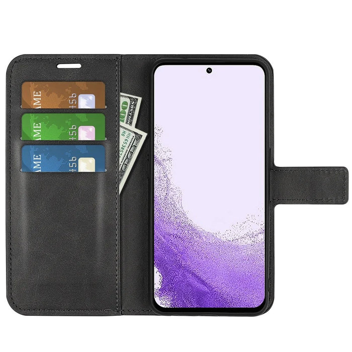 For Samsung Galaxy S23 Calf Texture PU Leather Folio Flip Case Square Magnetic Clasp Phone Stand Wallet Cover - Black - 2