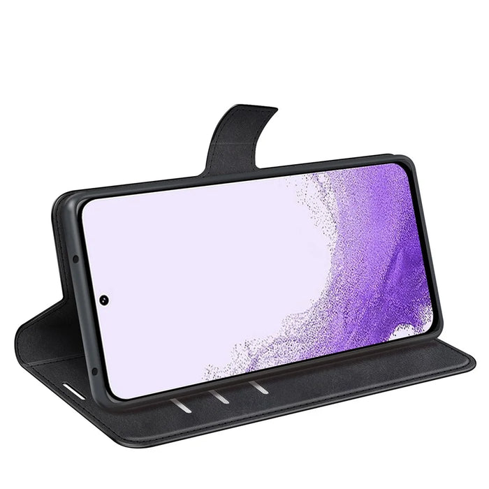 For Samsung Galaxy S23 Calf Texture PU Leather Folio Flip Case Square Magnetic Clasp Phone Stand Wallet Cover - Black - 3