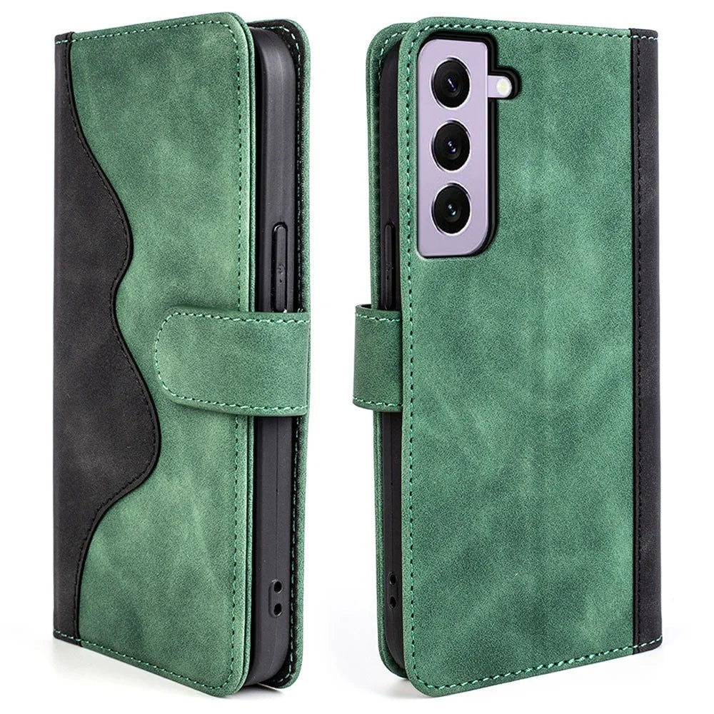 For Samsung Galaxy S23 Shockproof PU Leather Case Color Splicing Folio Flip Stand Wallet Protective Phone Cover - Green - 1