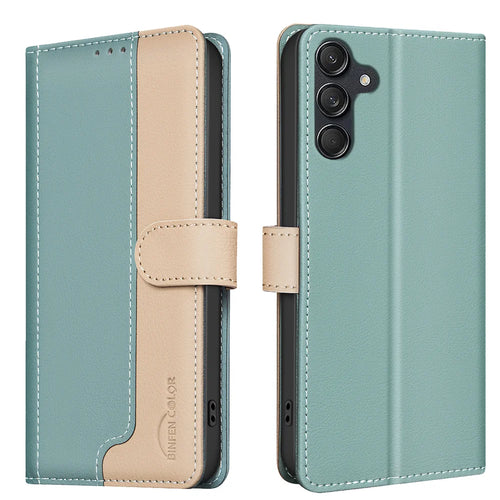 BINFEN COLOR For Samsung Galaxy M36 5G Leather Case  Splicing Color RFID Blocking Wallet Stand Phone Cover - Green - 1