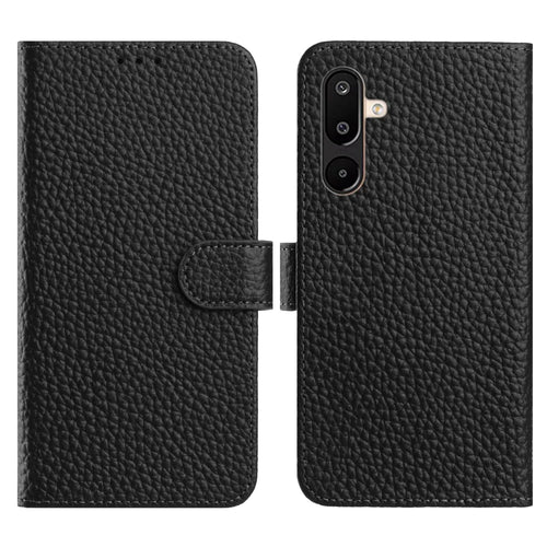 For Samsung Galaxy M36 5G Case Wallet Stand Litchi Texture Genuine Cow Leather Flip Phone Cover - Black - 1