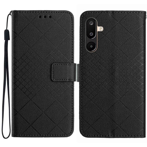 For Samsung Galaxy M36 5G Case Wallet Imprint PU Leather Flip Folio Phone Cover - Black - 1