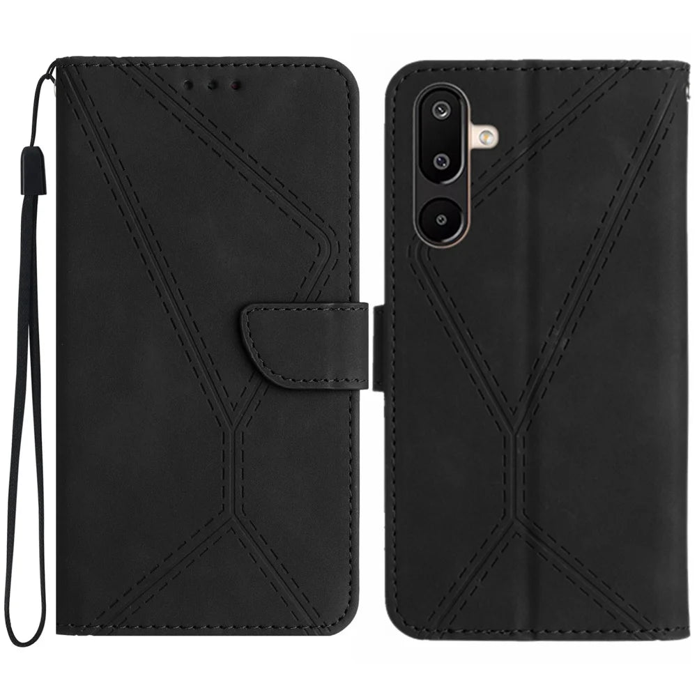 For Samsung Galaxy M36 5G Case Skin Touch Lines Imprinted PU Leather Flip Phone Cover - Black - 1