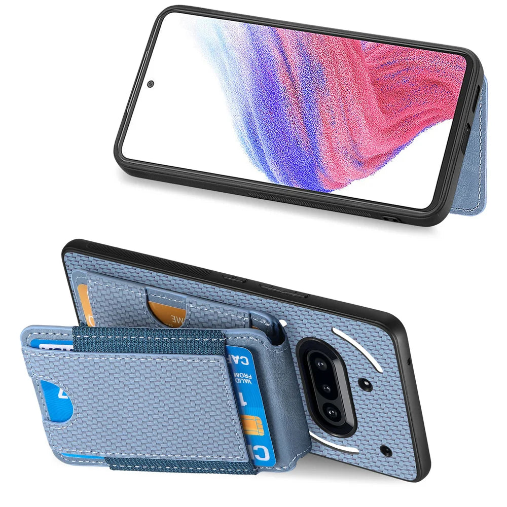 For Nothing Phone (3a) Case with Card Holder Kickstand Leather Back Cover - Blue - 5