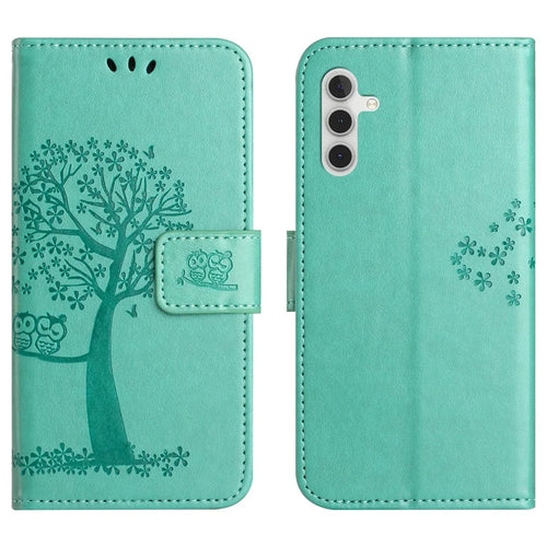 For Samsung Galaxy S25 FE Case PU Leather Owl Tree Imprinted Wallet Phone Cover with Strap - Cyan - 1