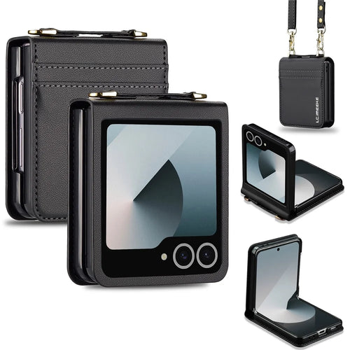 LC.IMEEKE L1 Series For Samsung Galaxy Z Flip7 5G Case Card Holder Leather Phone Cover with Shoulder Strap / Wrist Strap - Black - 1