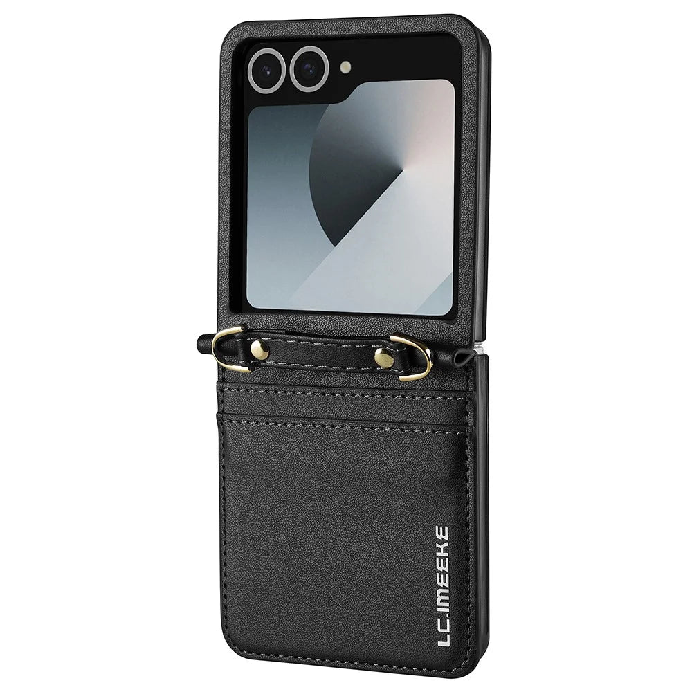 LC.IMEEKE L1 Series For Samsung Galaxy Z Flip7 5G Case Card Holder Leather Phone Cover with Shoulder Strap / Wrist Strap - Black - 2