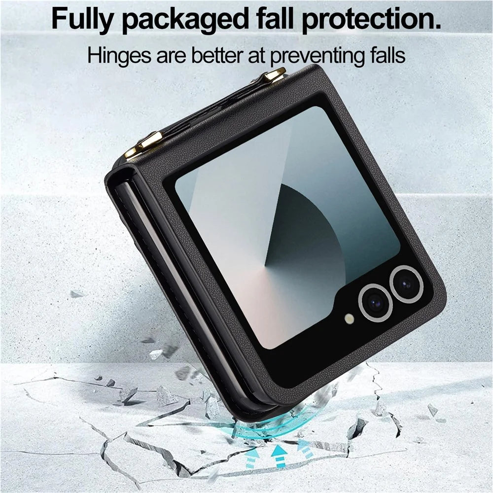 LC.IMEEKE L1 Series For Samsung Galaxy Z Flip7 5G Case Card Holder Leather Phone Cover with Shoulder Strap / Wrist Strap - Black - 4