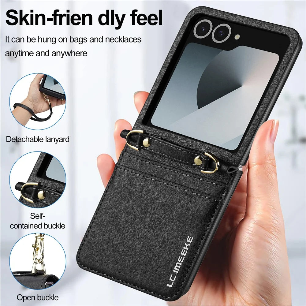 LC.IMEEKE L1 Series For Samsung Galaxy Z Flip7 5G Case Card Holder Leather Phone Cover with Shoulder Strap / Wrist Strap - Black - 5