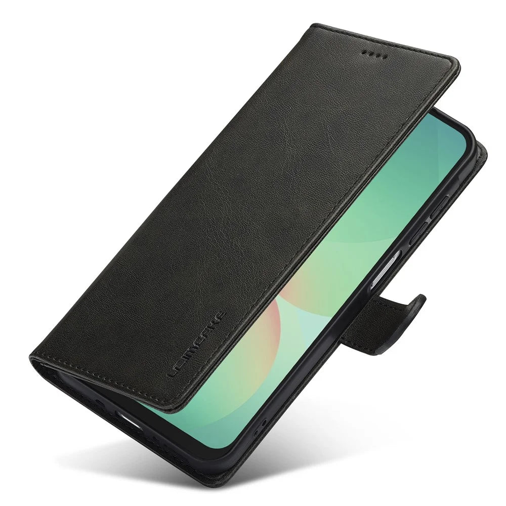 LC.IMEEKE For Samsung Galaxy A17 5G / A17 4G Case Calf Texture PU Leather Stand Wallet Phone Cover - Black - 5