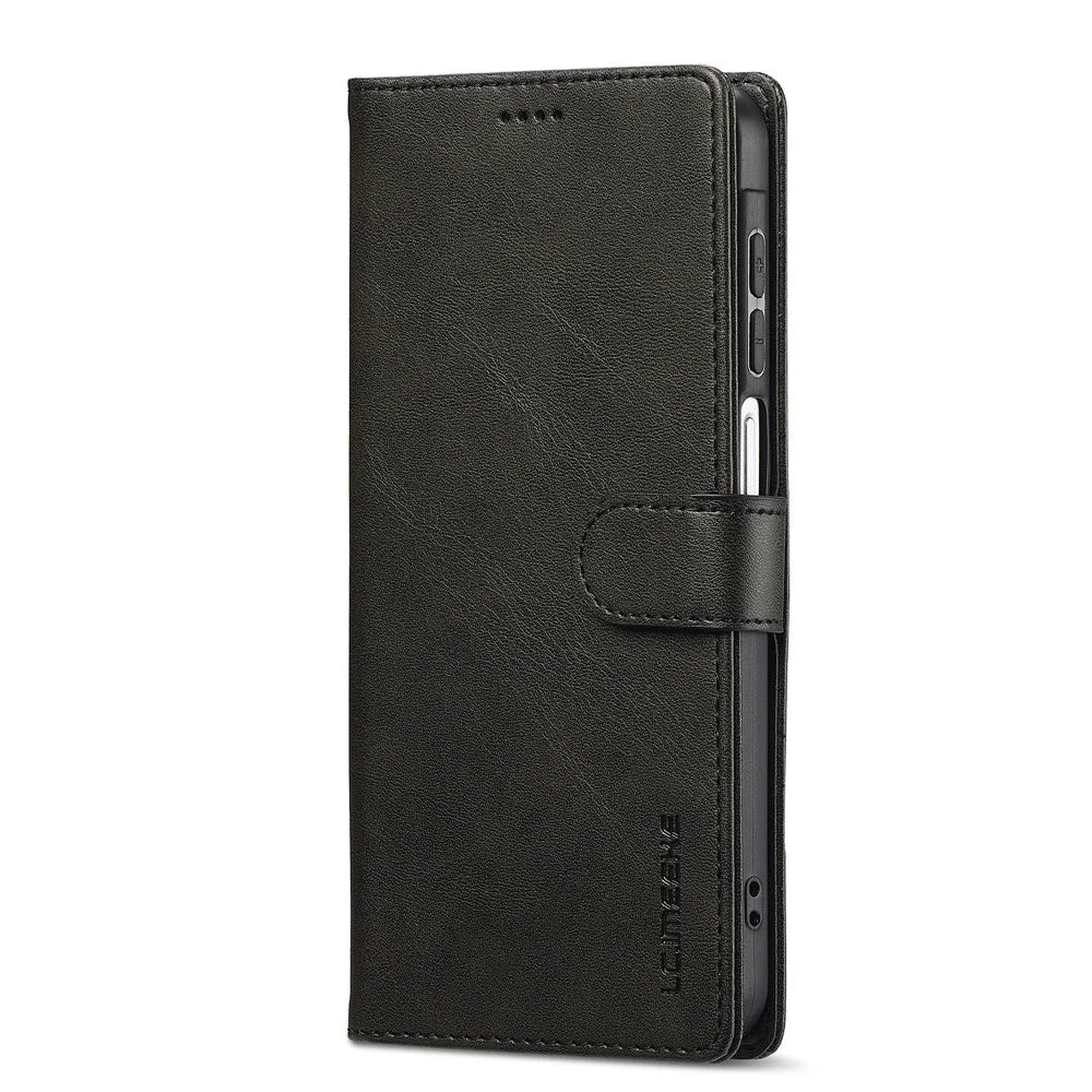 LC.IMEEKE For Samsung Galaxy A17 5G / A17 4G Case Calf Texture PU Leather Stand Wallet Phone Cover - Black - 6