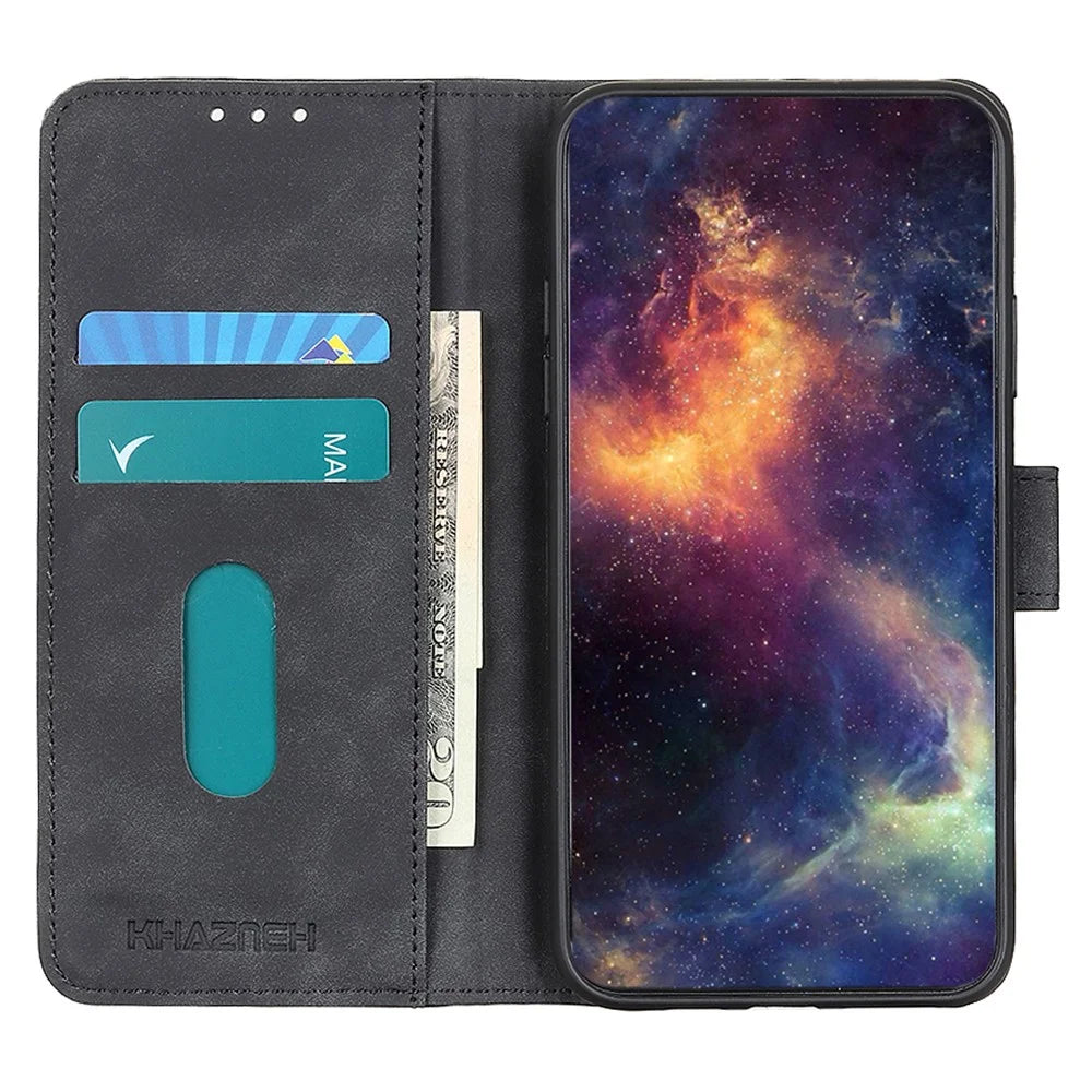 KHAZNEH For Samsung Galaxy S25 FE Case PU Leather Retro Texture Phone Cover - Black - 3