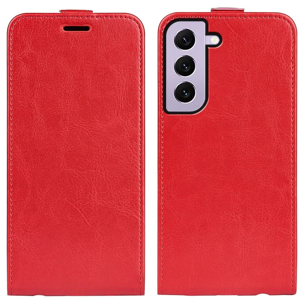 For Samsung Galaxy S23 Vertical Flip Phone Anti-drop Case Crazy Horse Texture Card Holder Leather Protective Cover - Red - 1