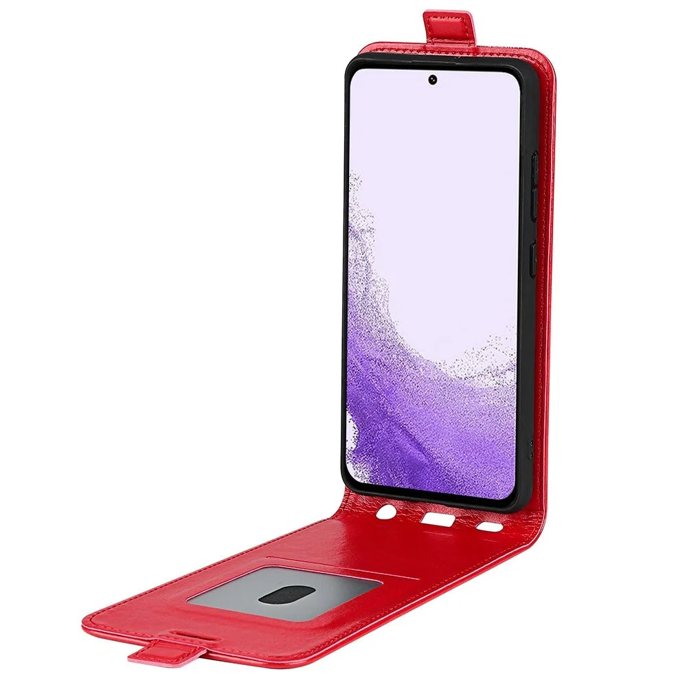 For Samsung Galaxy S23 Vertical Flip Phone Anti-drop Case Crazy Horse Texture Card Holder Leather Protective Cover - Red - 2