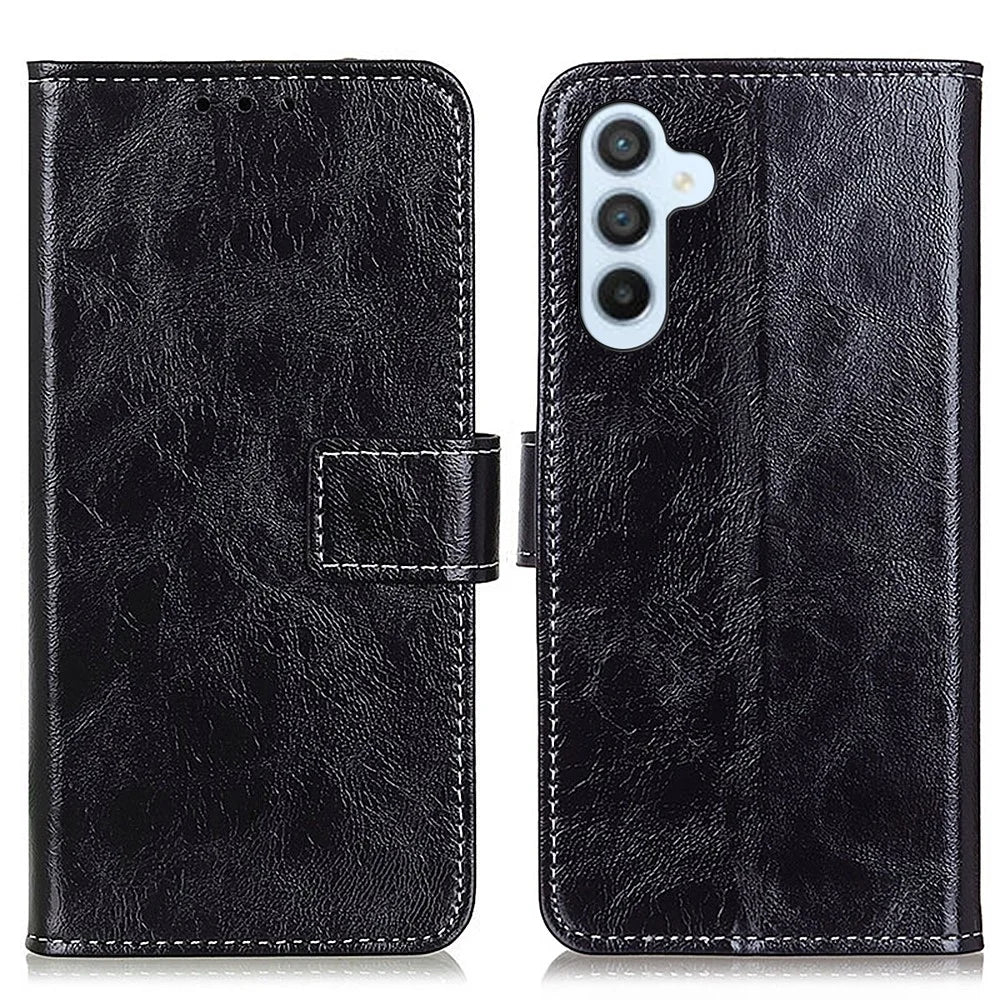 For Samsung Galaxy S25 FE Case Wallet Leather Phone Cover Crazy Horse Texture - Black - 1