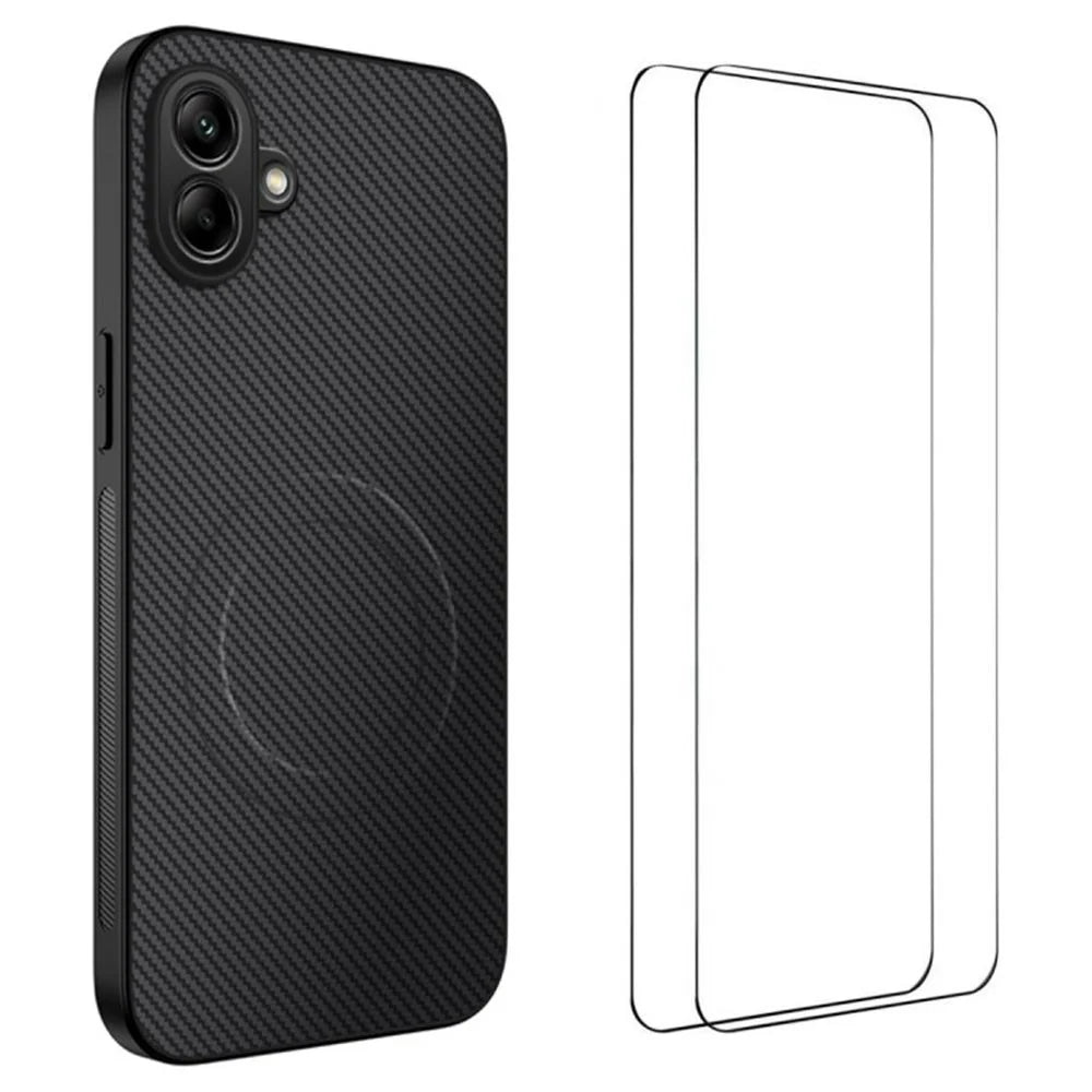 WANLONFENG TQ1 Series For Samsung Galaxy A08 4G / A07 4G Magnetic Case Carbon Fiber Texture PC TPU Phone Cover with 2Pcs Screen Films - Black - 1