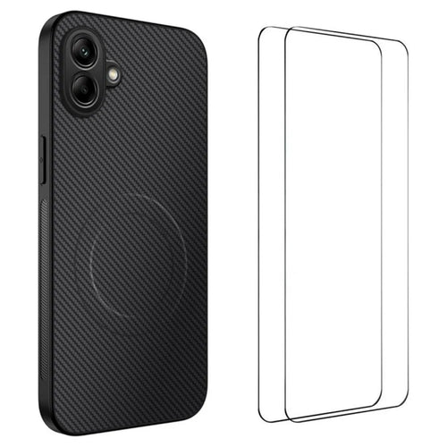 WANLONFENG TQ1 Series For Samsung Galaxy A08 4G / A07 4G Magnetic Case Carbon Fiber Texture PC TPU Phone Cover with 2Pcs Screen Films - Black - 1