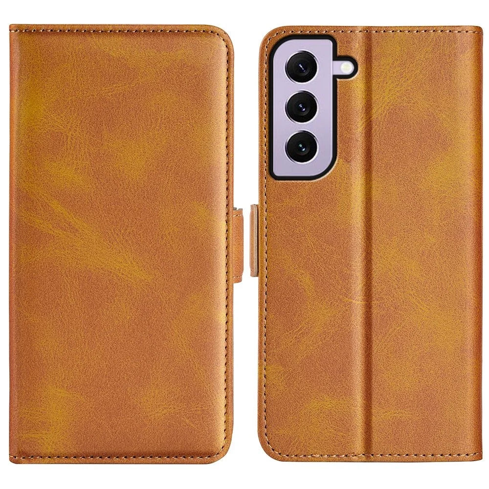 For Samsung Galaxy S23 Supporting Stand Wallet Cellphone Cover Calf Texture PU Leather Dual Magnetic Clasp Phone Case - Yellow - 1