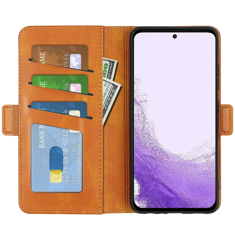For Samsung Galaxy S23 Supporting Stand Wallet Cellphone Cover Calf Texture PU Leather Dual Magnetic Clasp Phone Case - Yellow - 2