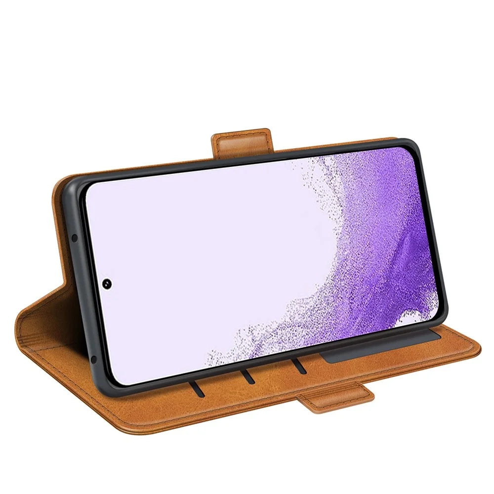 For Samsung Galaxy S23 Supporting Stand Wallet Cellphone Cover Calf Texture PU Leather Dual Magnetic Clasp Phone Case - Yellow - 3