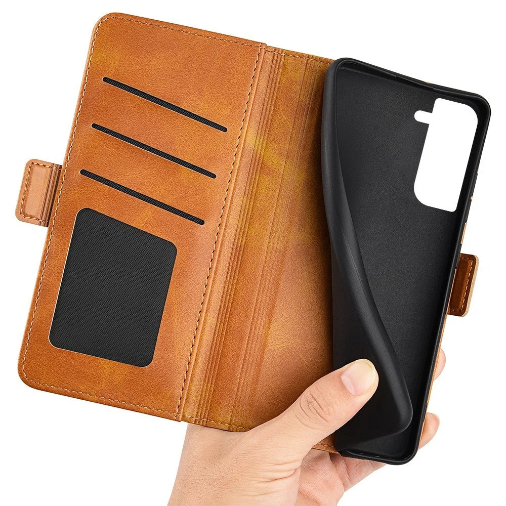 For Samsung Galaxy S23 Supporting Stand Wallet Cellphone Cover Calf Texture PU Leather Dual Magnetic Clasp Phone Case - Yellow - 4