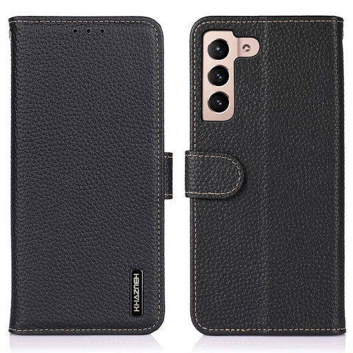 KHAZNEH For Samsung Galaxy S25 FE Case Genuine Cow Leather Flip Phone Cover - Black - 1