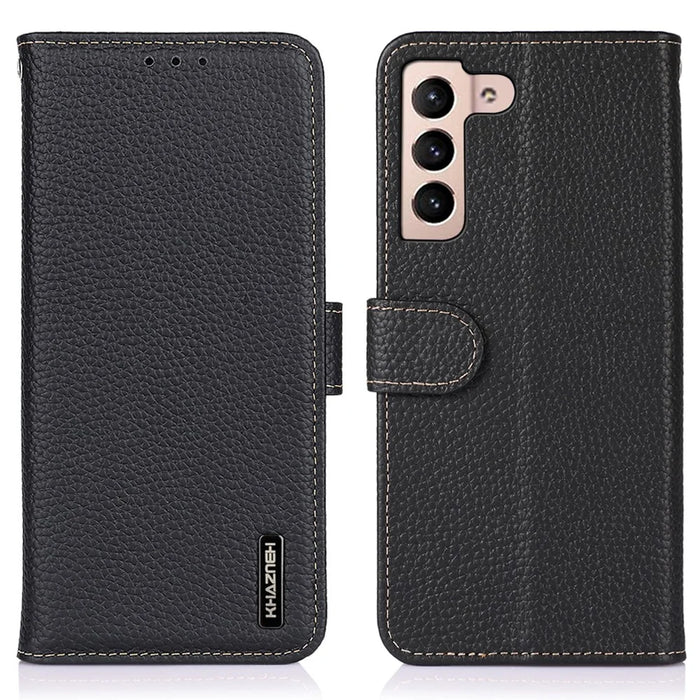 KHAZNEH For Samsung Galaxy S25 FE Case Genuine Cow Leather Flip Phone Cover - Black - 1