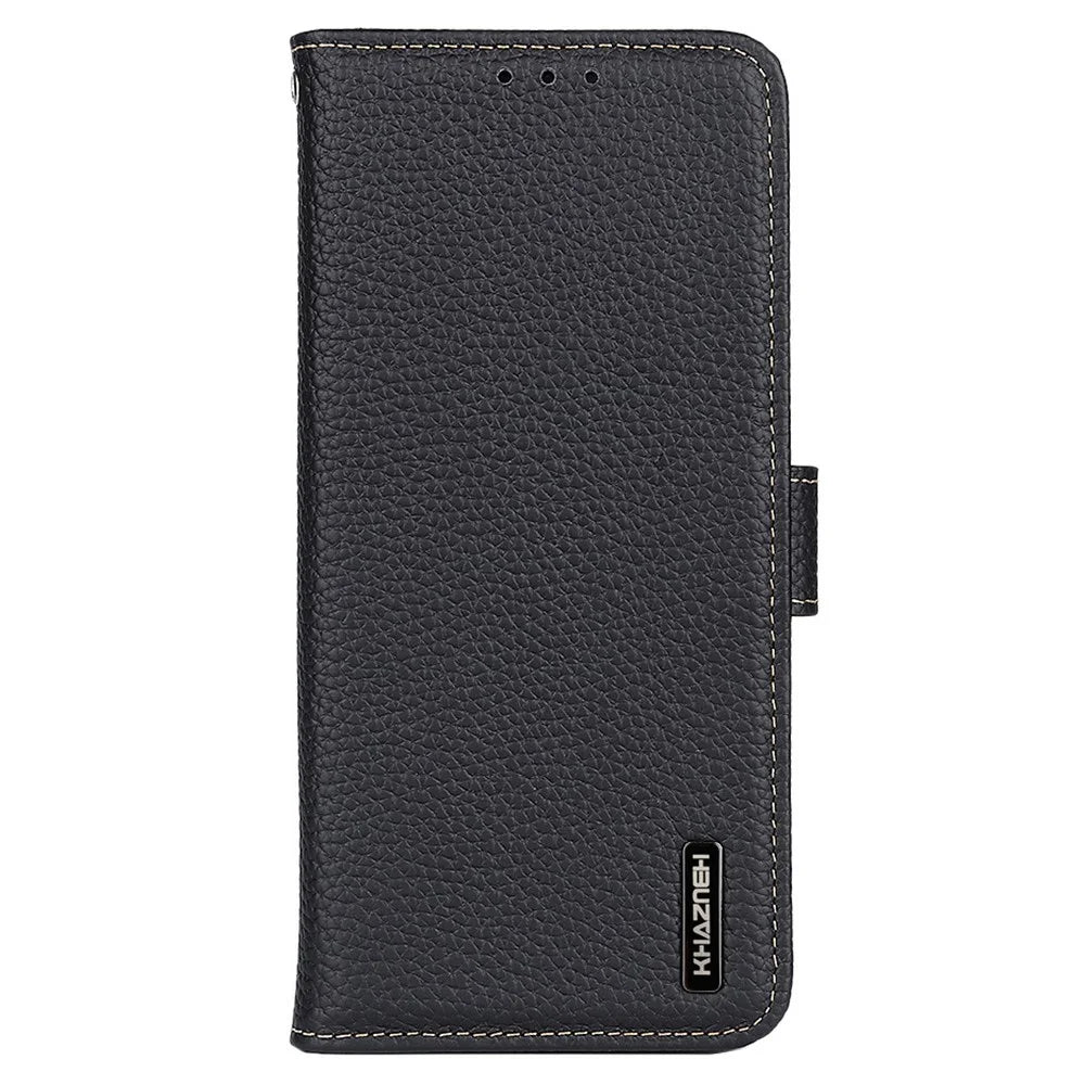KHAZNEH For Samsung Galaxy S25 FE Case Genuine Cow Leather Flip Phone Cover - Black - 6