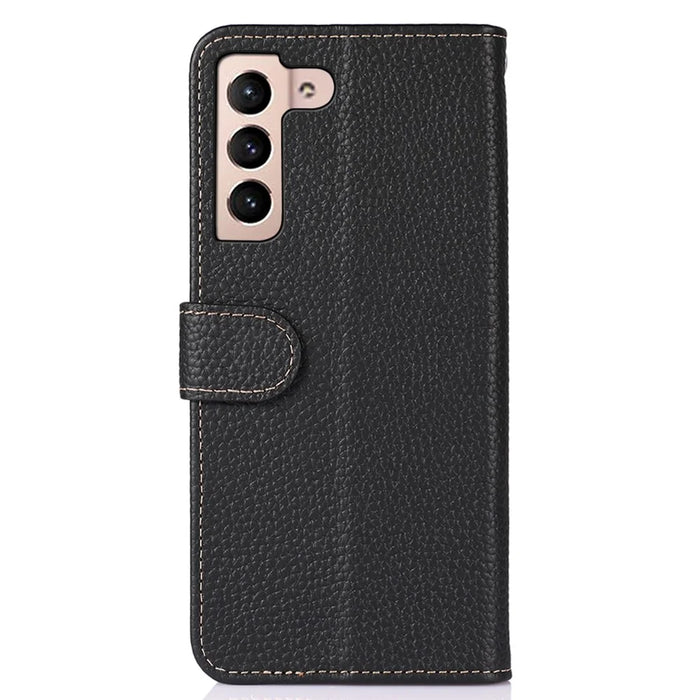KHAZNEH For Samsung Galaxy S25 FE Case Genuine Cow Leather Flip Phone Cover - Black - 7