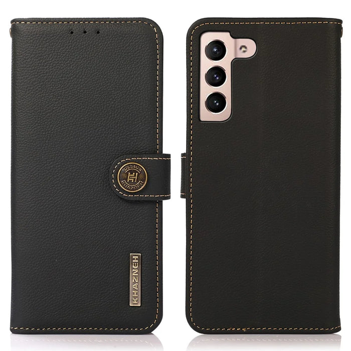 KHAZNEH for Samsung Galaxy S25 FE Case Genuine Cow Leather RFID Blocking Wallet Phone Cover - Black - 1