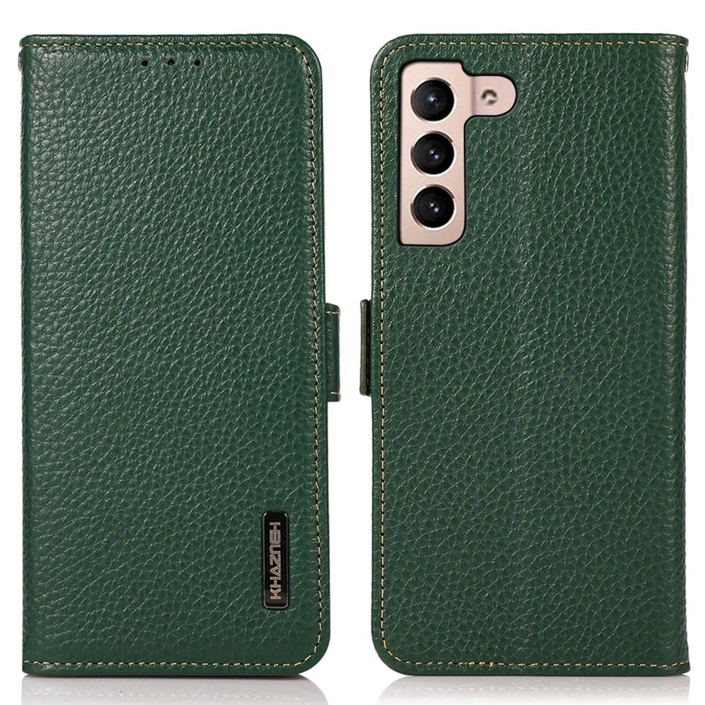 KHAZNEH For Samsung Galaxy S25 FE Phone Case Genuine Cow Leather Cover RFID Blocking - Green - 1
