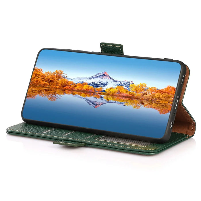 KHAZNEH For Samsung Galaxy S25 FE Phone Case Genuine Cow Leather Cover RFID Blocking - Green - 3