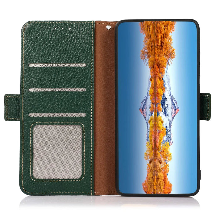 KHAZNEH For Samsung Galaxy S25 FE Phone Case Genuine Cow Leather Cover RFID Blocking - Green - 4