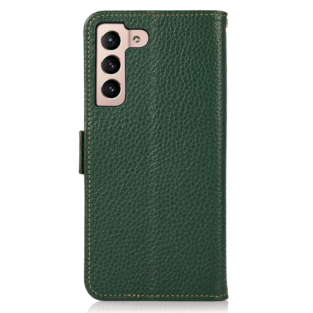 KHAZNEH For Samsung Galaxy S25 FE Phone Case Genuine Cow Leather Cover RFID Blocking - Green - 7