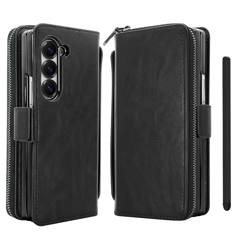 For Samsung Galaxy Z Fold7 5G Case Zipper Pocket Leather Phone Cover with Screen Protector / Stylus Pen - Black - 1