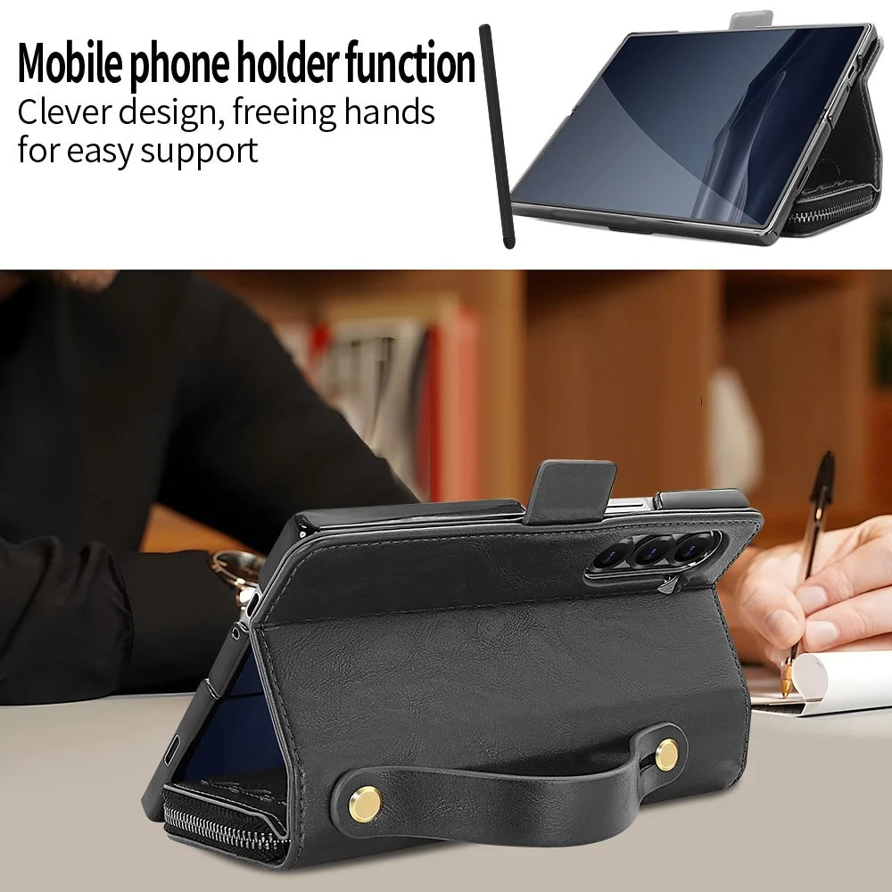 For Samsung Galaxy Z Fold7 5G Case Zipper Pocket Leather Phone Cover with Screen Protector / Stylus Pen - Black - 4