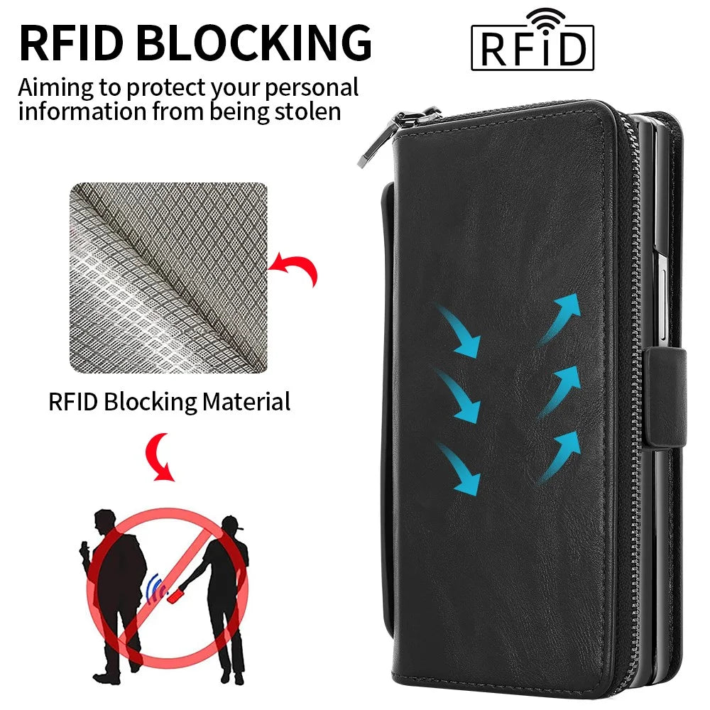 For Samsung Galaxy Z Fold7 5G Case Zipper Pocket Leather Phone Cover with Screen Protector / Stylus Pen - Black - 5