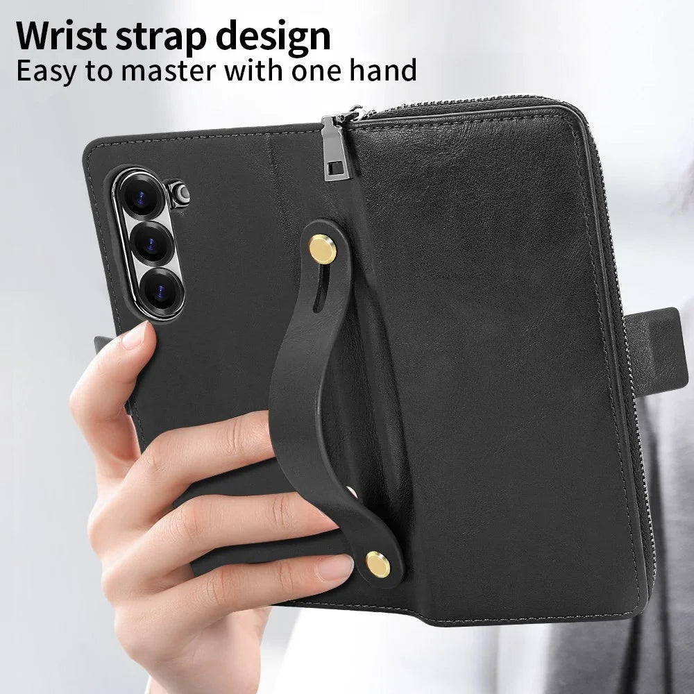 For Samsung Galaxy Z Fold7 5G Case Zipper Pocket Leather Phone Cover with Screen Protector / Stylus Pen - Black - 6