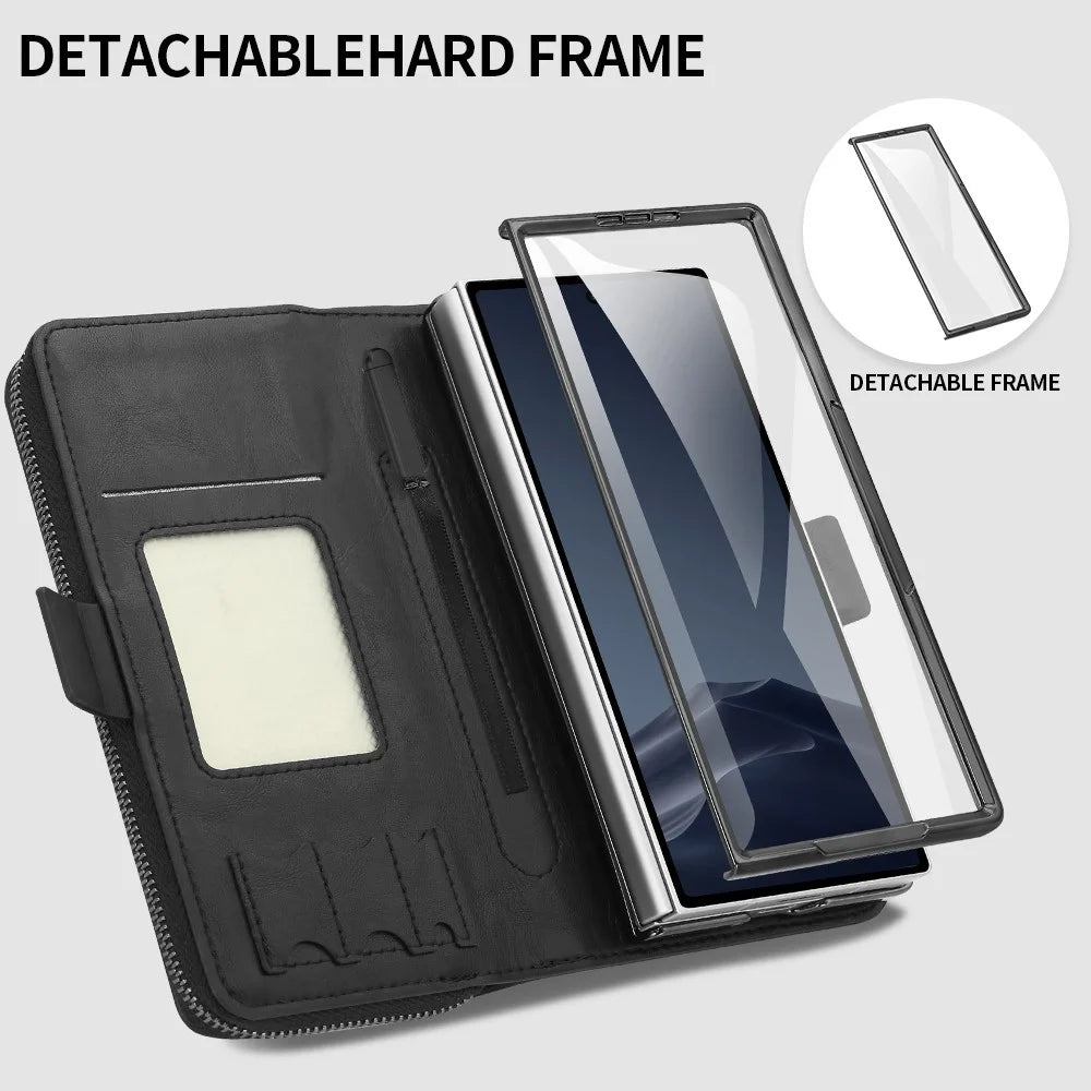 For Samsung Galaxy Z Fold5 5G Case Zipper Pocket Leather Phone Cover with Screen Protector / Stylus Pen - Black - 2